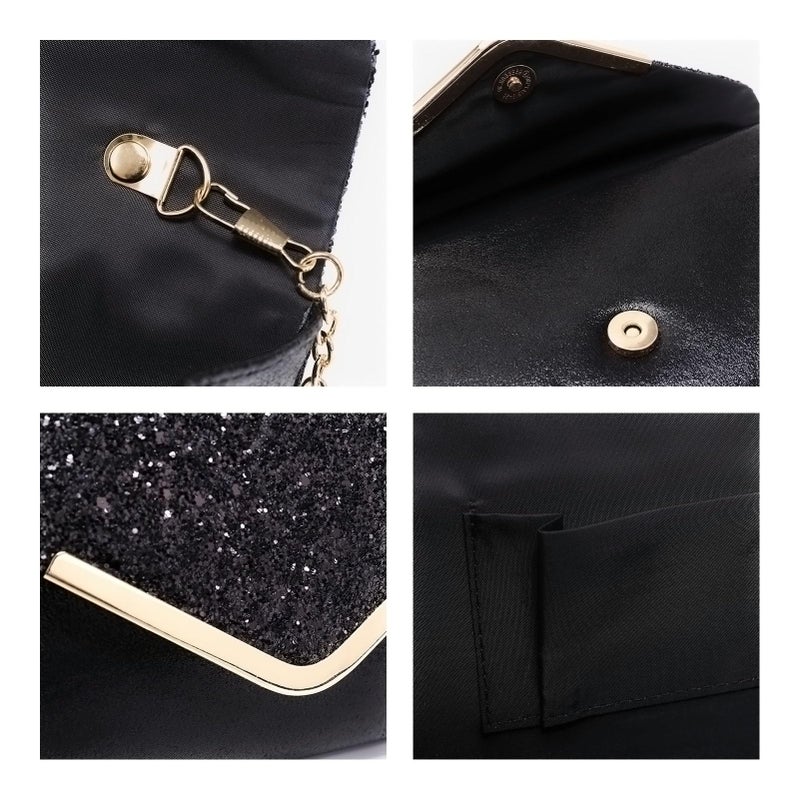 Dasein Women Evening Bags Formal Clutch Purses for Wedding Party Prom Handbags with Shoulder Strap and Glitter Flap (Black) - Image 5